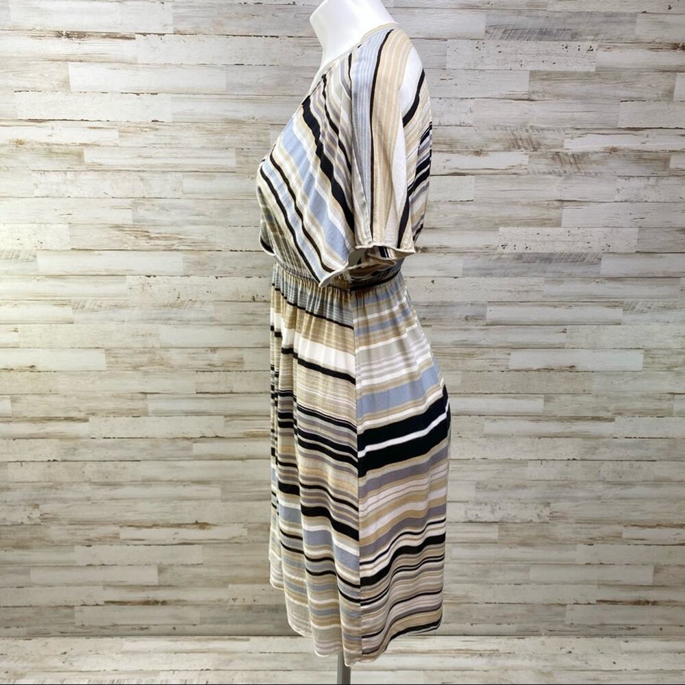 Hale Bob Silk Blend Faux Wrap Dress Womens Size S Tan Black Striped - Picture 4 of 13